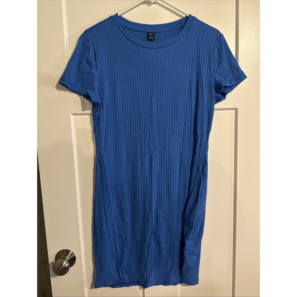 SHEIN Women Blue Ribbed Knit Bodycon Midi Dress Round Neck XL Short Sleeve